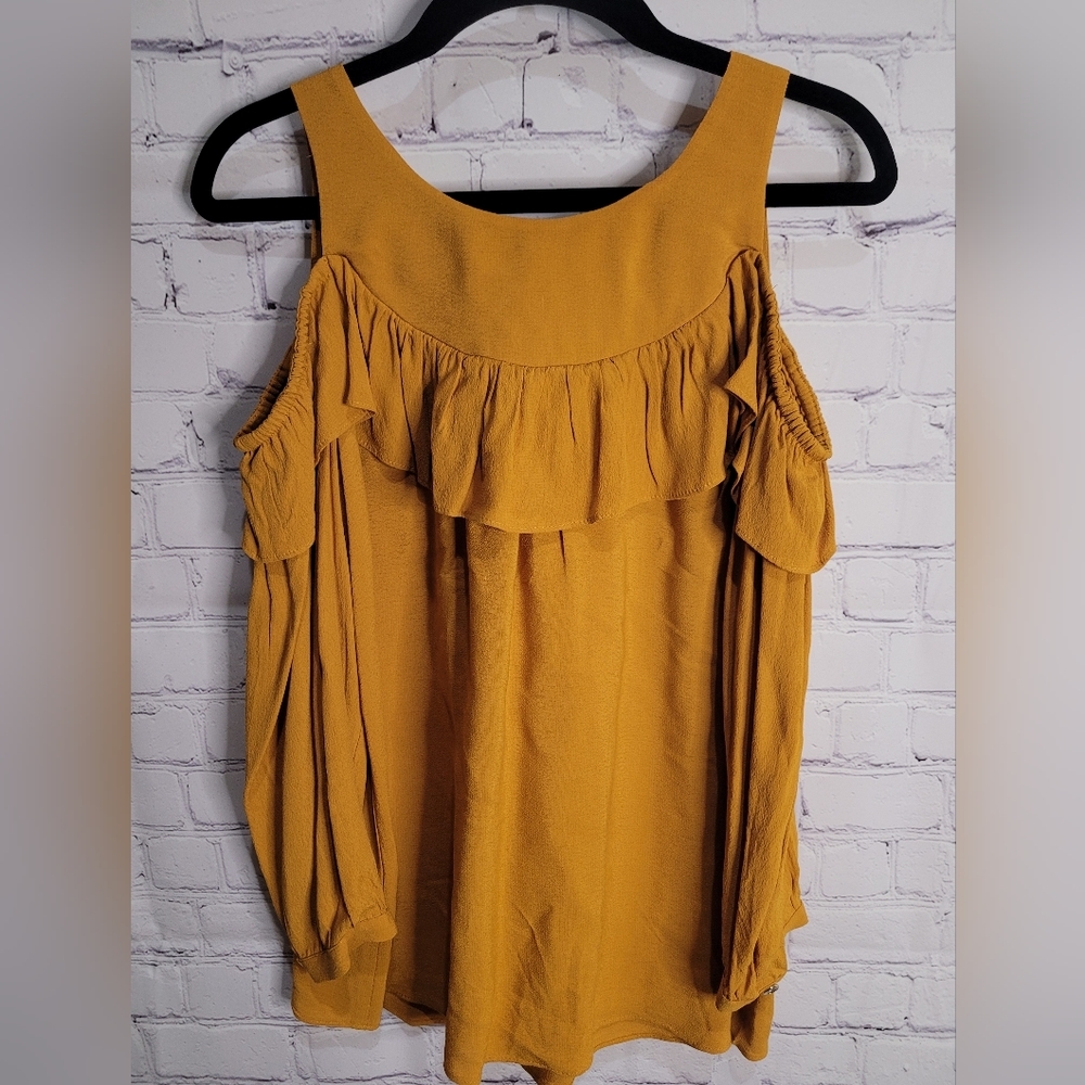 Anthropologie. Maeve Mustard‎ Yellow Cold Shoulder Blouse Size 0